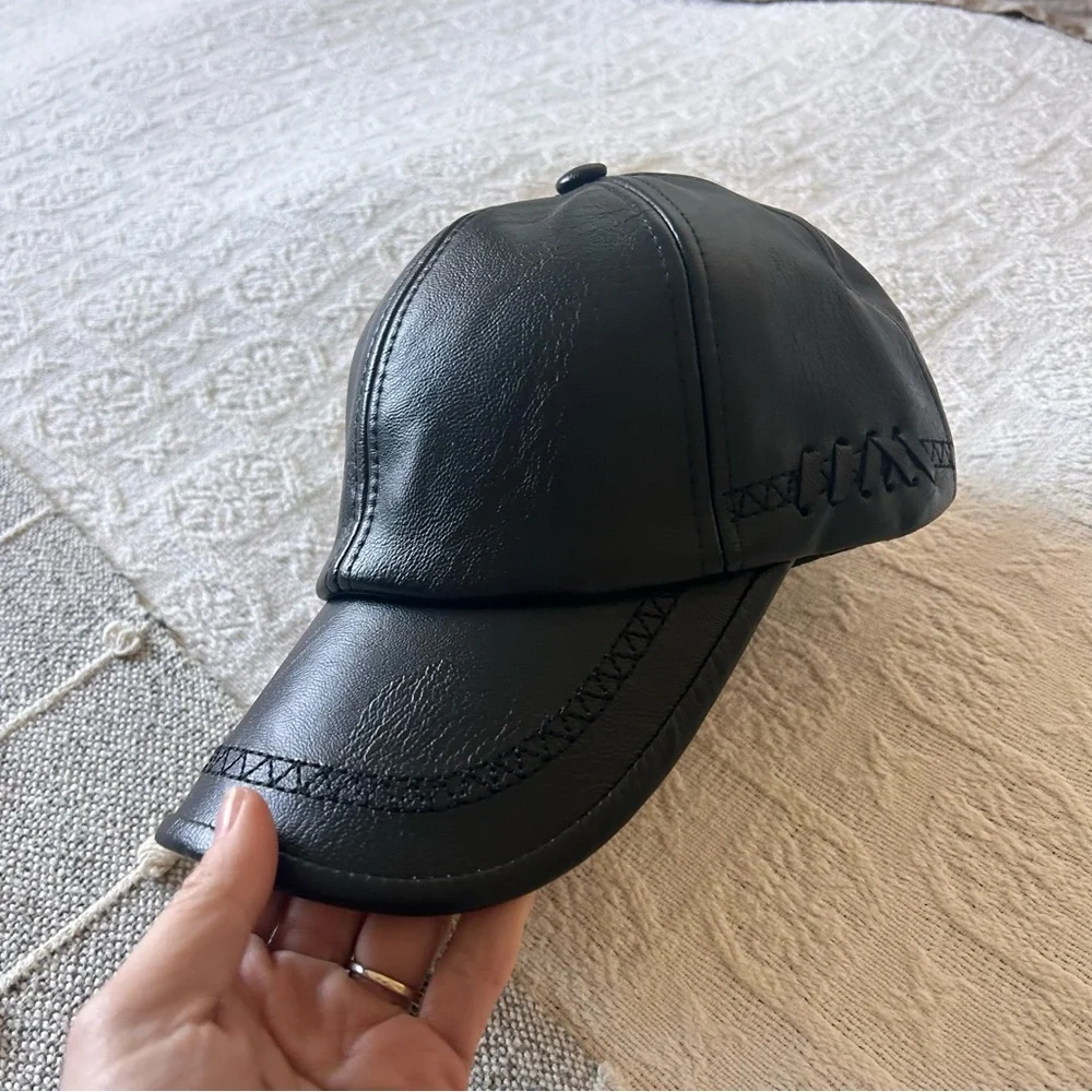 Black PU Leather Cap baseball hat adjustable NEW! Never worn OS